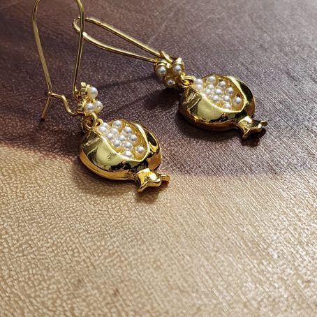 Pomegranate Shape Golden Earrings with White Pearl Accents