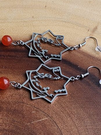 Star Shape Stainless Steel Earrings with Persian Love Poem & Natural Stone Dangle