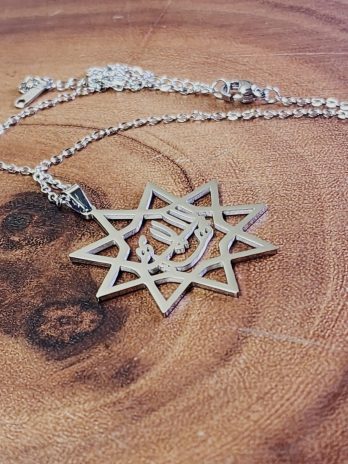 Ya Bahá’u’l-Abhá Necklace – Nine Point Star with Calligraphy in Stainless Steel Silver